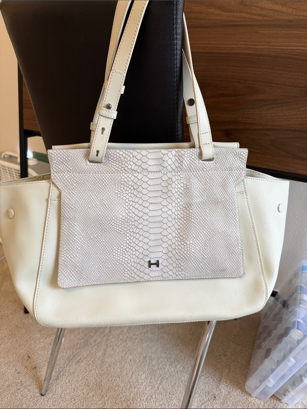 H by Halston Cream and White Textured Front-Pocket Shoulder Bag